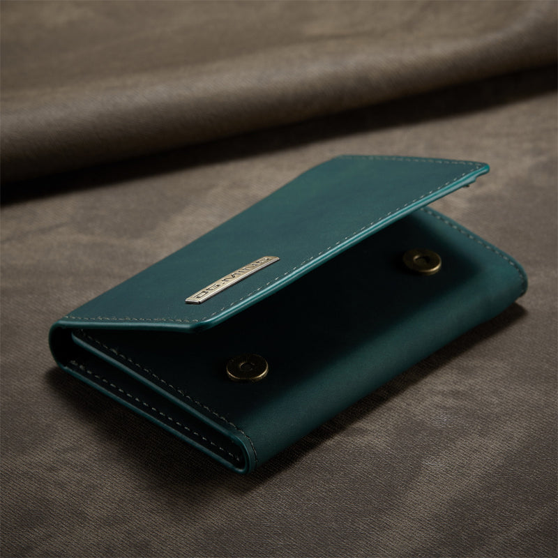 "Elegant 2-i-1 läderplånboksfodral för smartphones, frontvy. Stil, funktion, åtta kortplatser, magnetiskt säker."