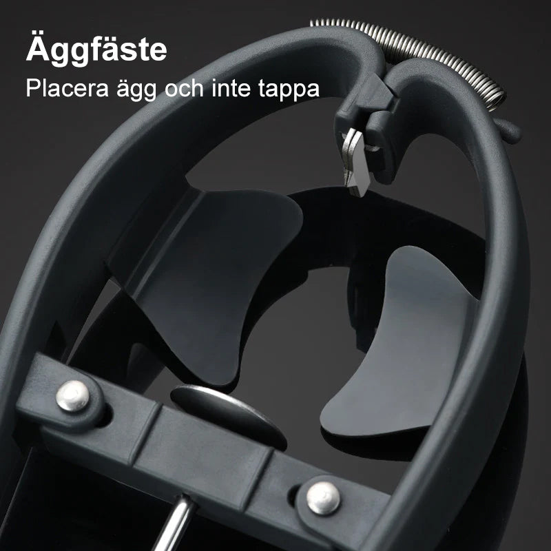 Elegant 2-i-1 äggöppnare i rostfritt stål, blank finish, effektiv guleskiljare, praktiskt köksredskap, hållbart material.