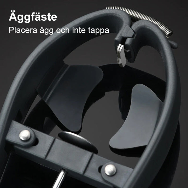 Elegant 2-i-1 äggöppnare i rostfritt stål, blank finish, effektiv guleskiljare, praktiskt köksredskap, hållbart material.