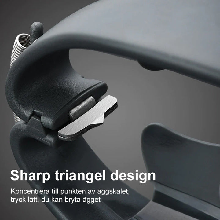 Elegant 2-i-1 äggöppnare i rostfritt stål, blank finish, effektiv guleskiljare, praktiskt köksredskap, hållbart material.