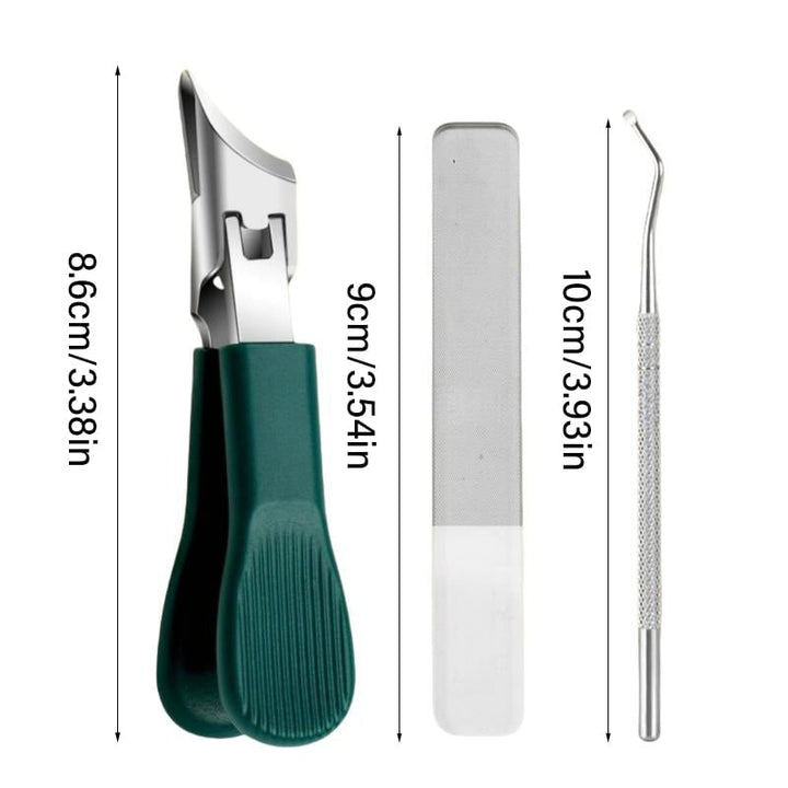 "Elegant 3-delad nagelvårdset: snedkantad nagelklippare, nano glas nagelfil, ergonomisk rengörare för proffsvård hemma."