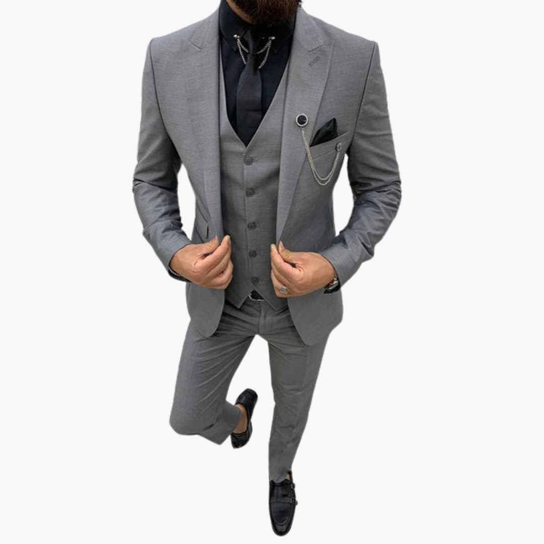 Välskräddade slim fit kostymbyxor för herrar, en del av det formella 3-delade kostymsetet.