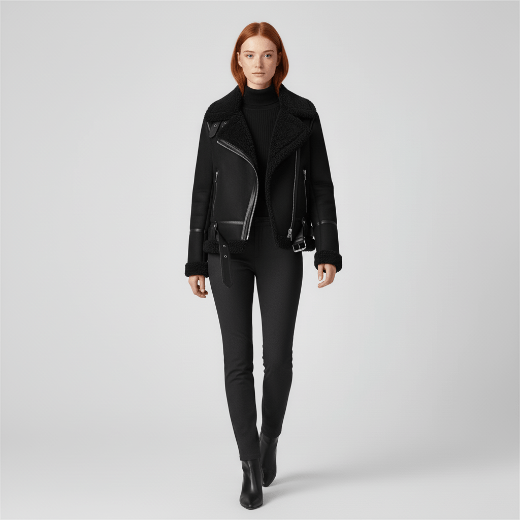 Varm damjacka, Amy, figurnära design. Kort brun höstjacka, elegant och bekväm. Shearling-inspirerat ytterplagg.