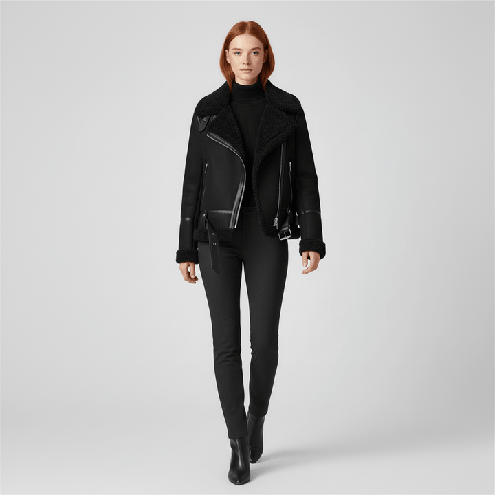 Varm damjacka, Amy, figurnära design. Kort brun höstjacka, elegant och bekväm. Shearling-inspirerat ytterplagg.