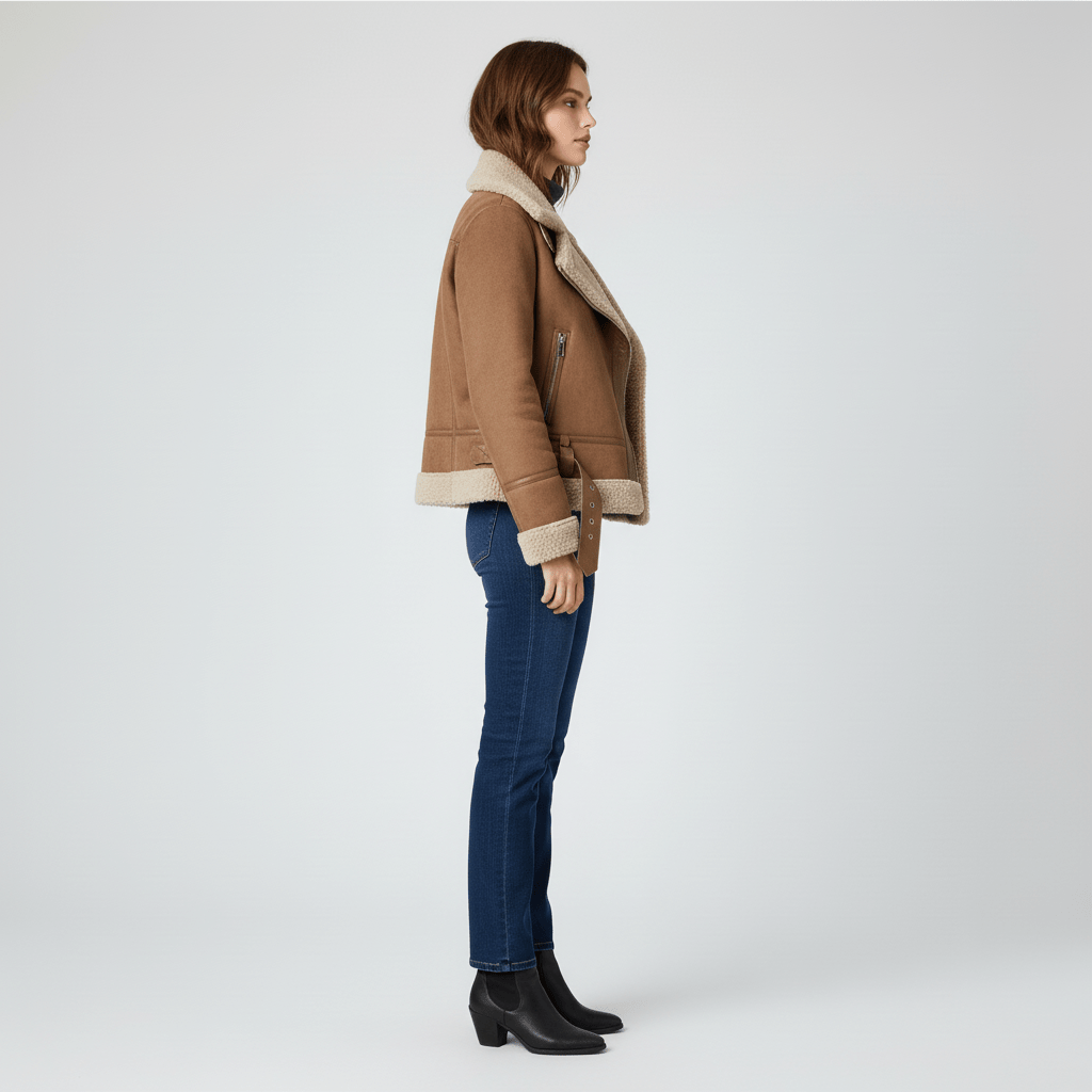 Stilren Amy damjacka i svart, figurnära och varm. Shearling-inspirerad kort jacka, perfekt för elegant vintermode.