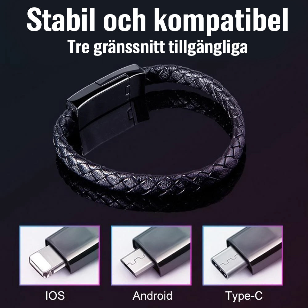 "Elegant armband i svart PU-läder med integrerad laddningskabel, perfekt för modern stil och funktionalitet."