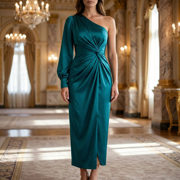 Elegant asymmetrisk aftonklänning för dam, enaxlad Holly-modell med smickrande sidoslits.