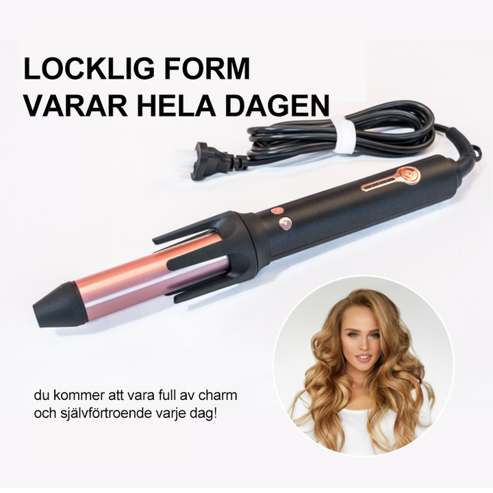 "Elegant automatisk locktång för långt hår, svart guld färg med turmalin keramik för skonsamma lockar, ergonomisk design."