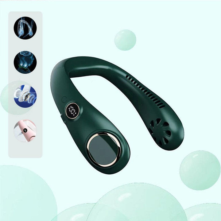 "Elegant bärbar halsfläkt med digital skärm, bladlös design, justerbara hastigheter och tysta kylfunktioner."