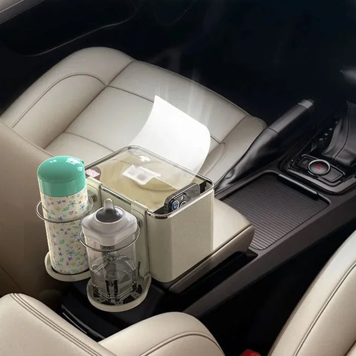"Elegant bilarmstöd förvaringsbox i svart/beige ABS, perfekt för organisering av småsaker i bilen, matchar interiören."