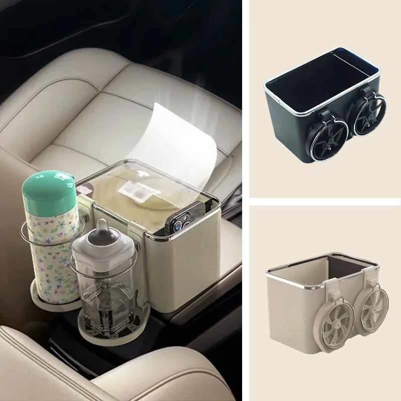 "Elegant bilarmstöd förvaringsbox i svart/beige ABS, perfekt för organisering av småsaker i bilen, matchar interiören."