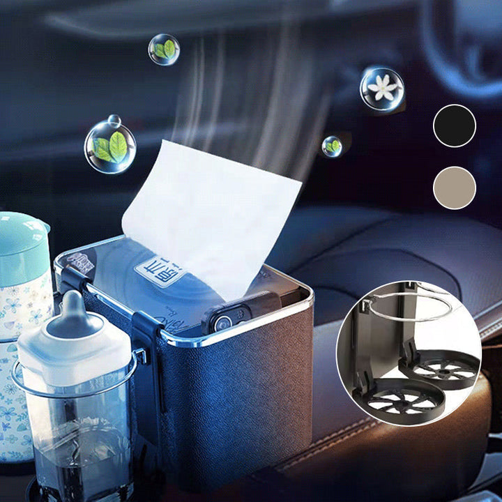 "Elegant bilarmstöd förvaringsbox i svart/beige ABS, perfekt för organisering av småsaker i bilen, matchar interiören."