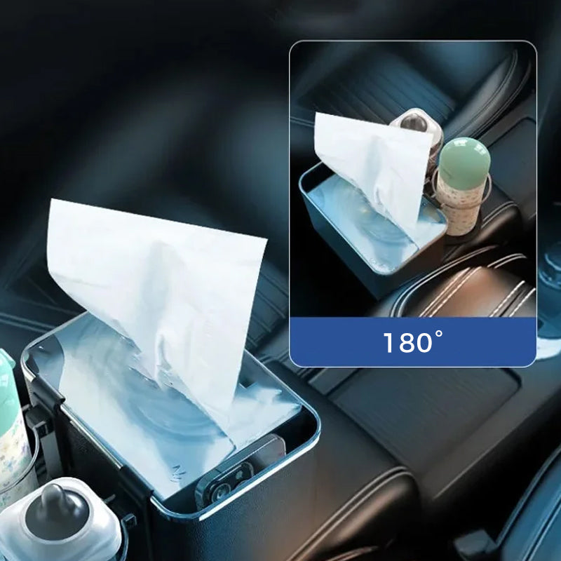"Elegant bilarmstöd förvaringsbox i svart/beige ABS, perfekt för organisering av småsaker i bilen, matchar interiören."