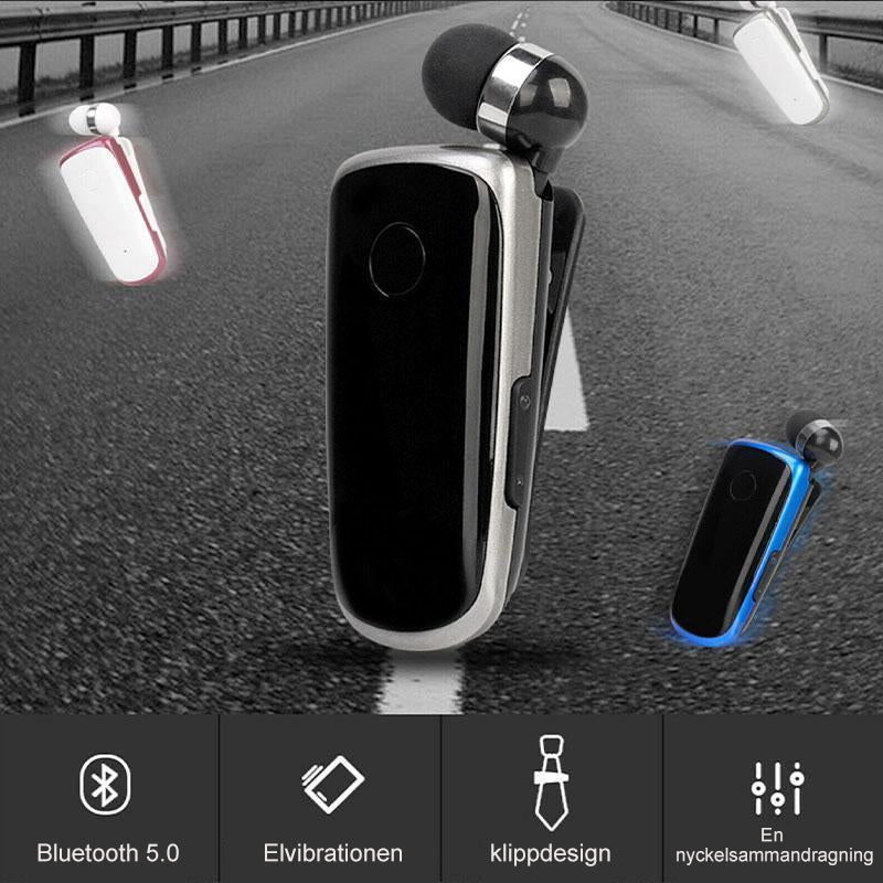 "Elegant Bluetooth-headset med krag-clip och indragbara hörsnäckor, idealiskt för handsfree-bruk och dagliga aktiviteter."