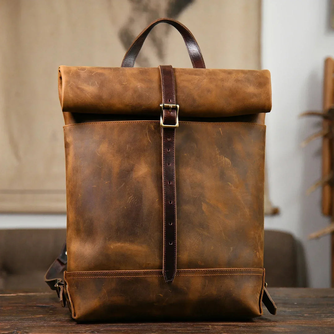 Vintage-inspirerad läderryggsäck, elegant och robust. Idealisk som arbetsväska och unisex skolväska.