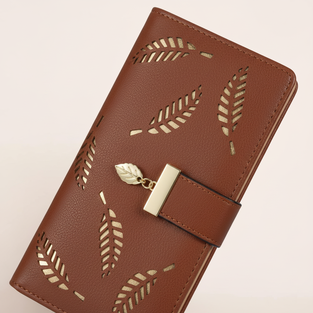 Öppen LeafWallet med organiserade fack för kort och sedlar, perfekt korthållare för kvinnor.