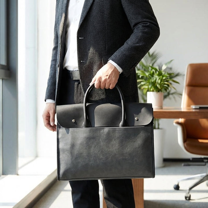Elegant brun laptopväska i PU-läder för herrar. Perfekt arbetsväska med stil och organisation.
