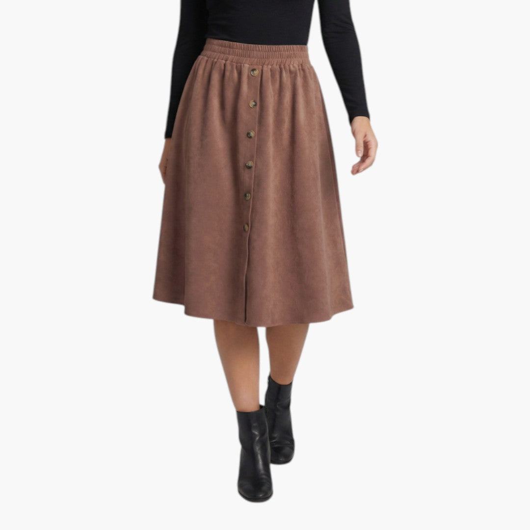 Elegant brun midi-kjol för kvinnor med elastisk midja & dekorativa knappar. Perfekt för vardag & fest.