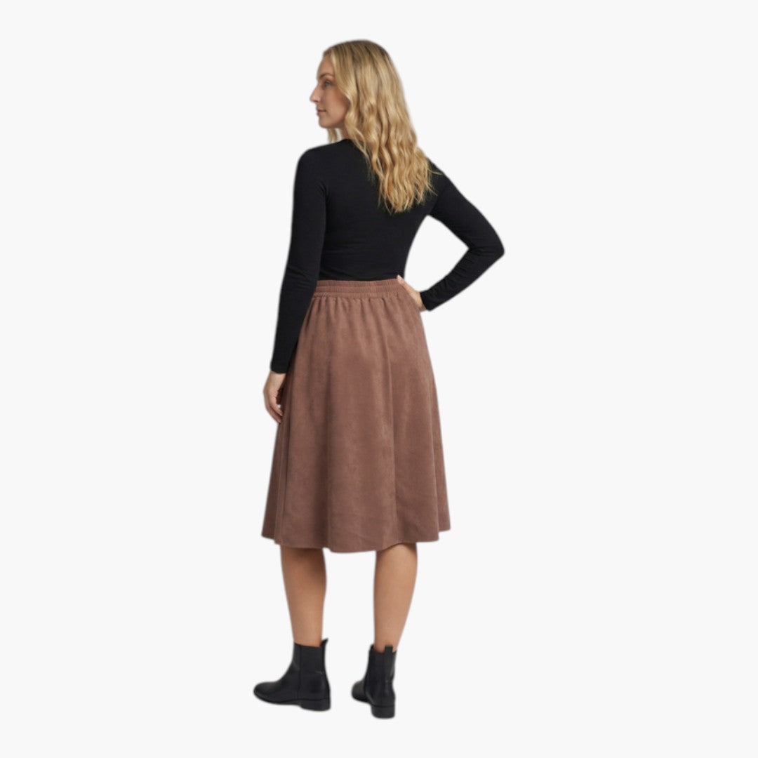 Kvinnors eleganta bruna midi-kjol med knappar fram & smidig elastisk midja. Moderiktig & mångsidig.