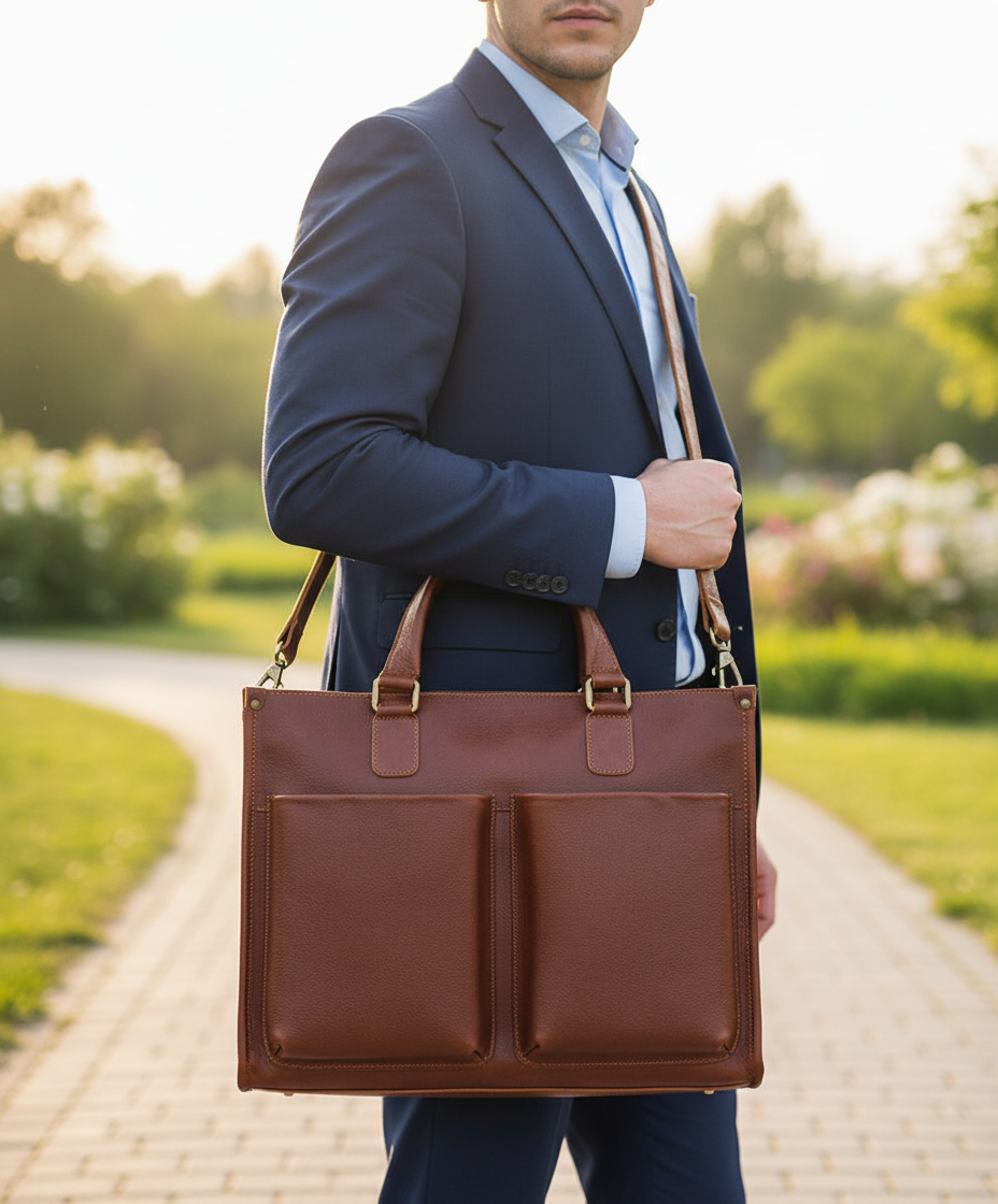 Elegant brun unisex laptopväska i naturligt läder för affärer och organisation.
