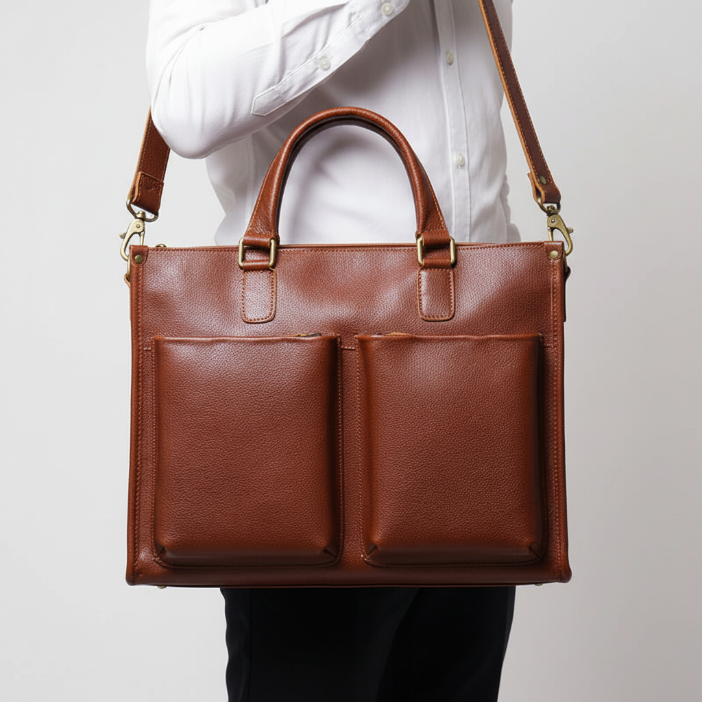 Snygg brun laptopväska i läder, perfekt som elegant och rymlig unisex arbetsväska.