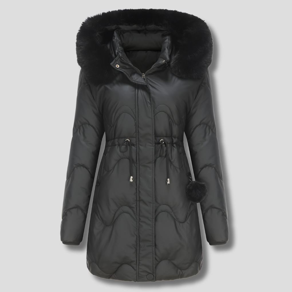 Svart vattenavvisande dam parkas Victoria med justerbar midja & huva. Lång jacka, perfekt för kalla dagar.