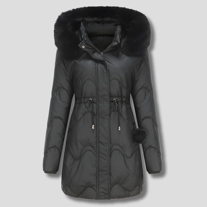 Svart vattenavvisande dam parkas Victoria med justerbar midja & huva. Lång jacka, perfekt för kalla dagar.