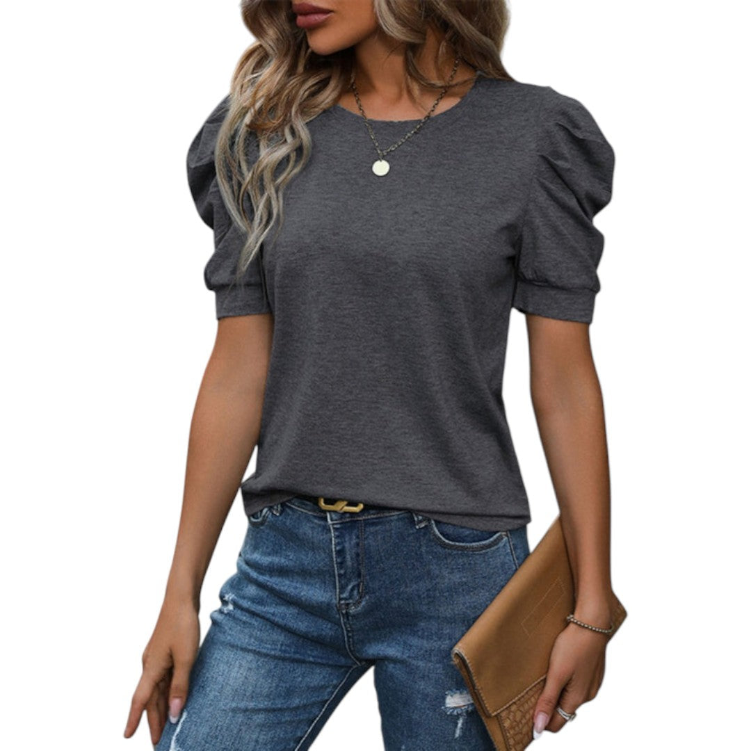 Elegant dam t-shirt med trendiga puffärmar och rund hals, bekväm vardagstopp för kvinnor.