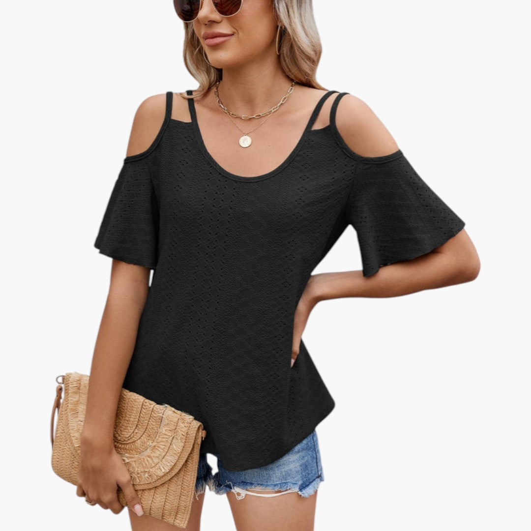 Elegant dam-t-shirt med V-ringning och korta ärmar i avslappnad passform. Perfekt som sommartopp.