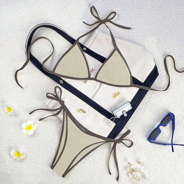 Dam triangelbikini med knytband, justerbar design för en skräddarsydd och bekväm passform.
