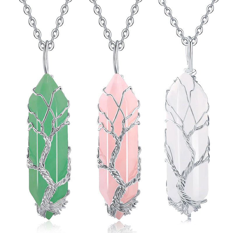 Spirituellt damhalsband med Livets Träd och kristall för daglig balans.