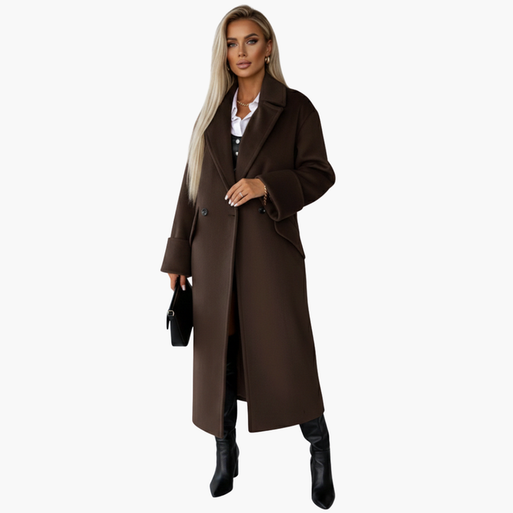 Mörkgrå elegant damkappa med slagkrage, ett mångsidigt ytterplagg för kvinnors höstmode.