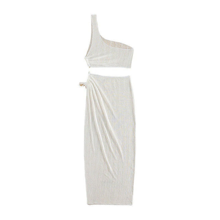 Elegant damknytdress, asymmetrisk topp, elastisk midja. Stilrena semesterkläder för kvinnor.
