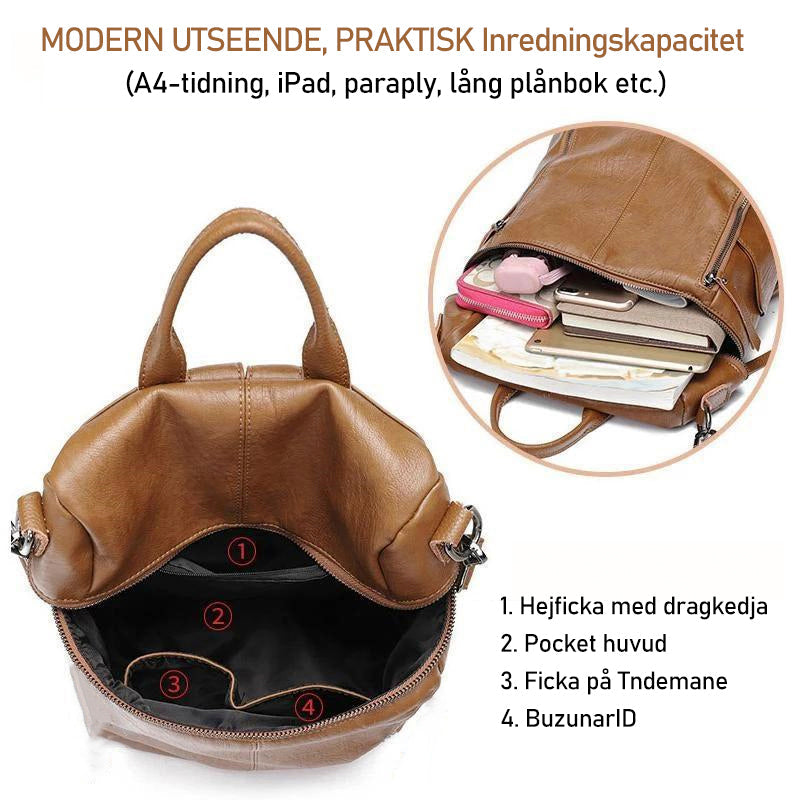 "Elegant damläderryggsäck i svart, brun, grå, grön eller rosa, multifunktionell för arbete och vardag."