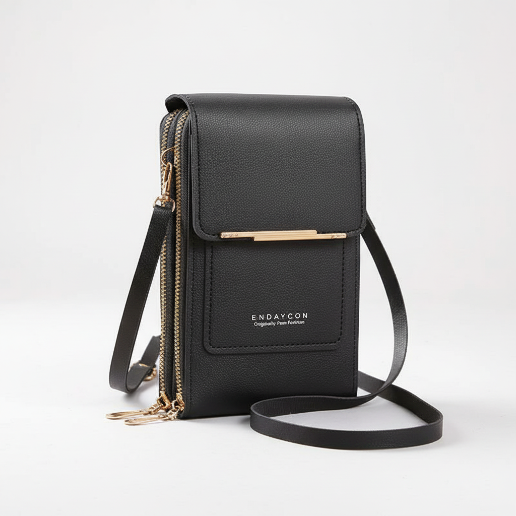 Stilren PU-läderplånbok för kvinnor med nackrem. Mobilväska, korthållare och elegant accessoar.