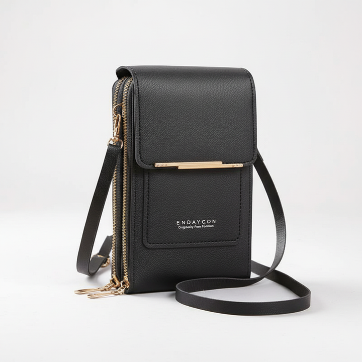 Stilren PU-läderplånbok för kvinnor med nackrem. Mobilväska, korthållare och elegant accessoar.