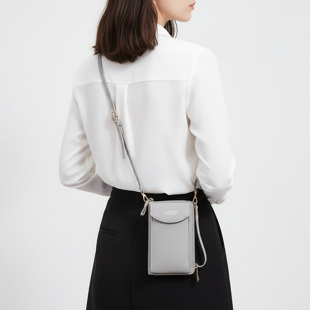 Elegant damplånbok, PU-läder. Med fack för mobil & kort. Multifunktionell accessoar med nackrem.