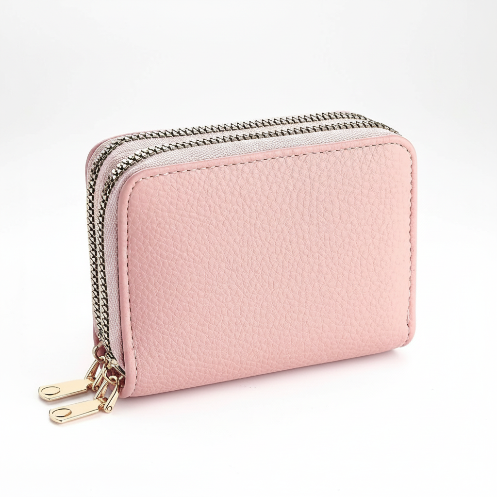 Liten rosa kortplånbok för damer i PU-läder, kompakt och elegant design.