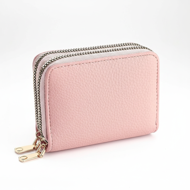 Liten rosa kortplånbok för damer i PU-läder, kompakt och elegant design.