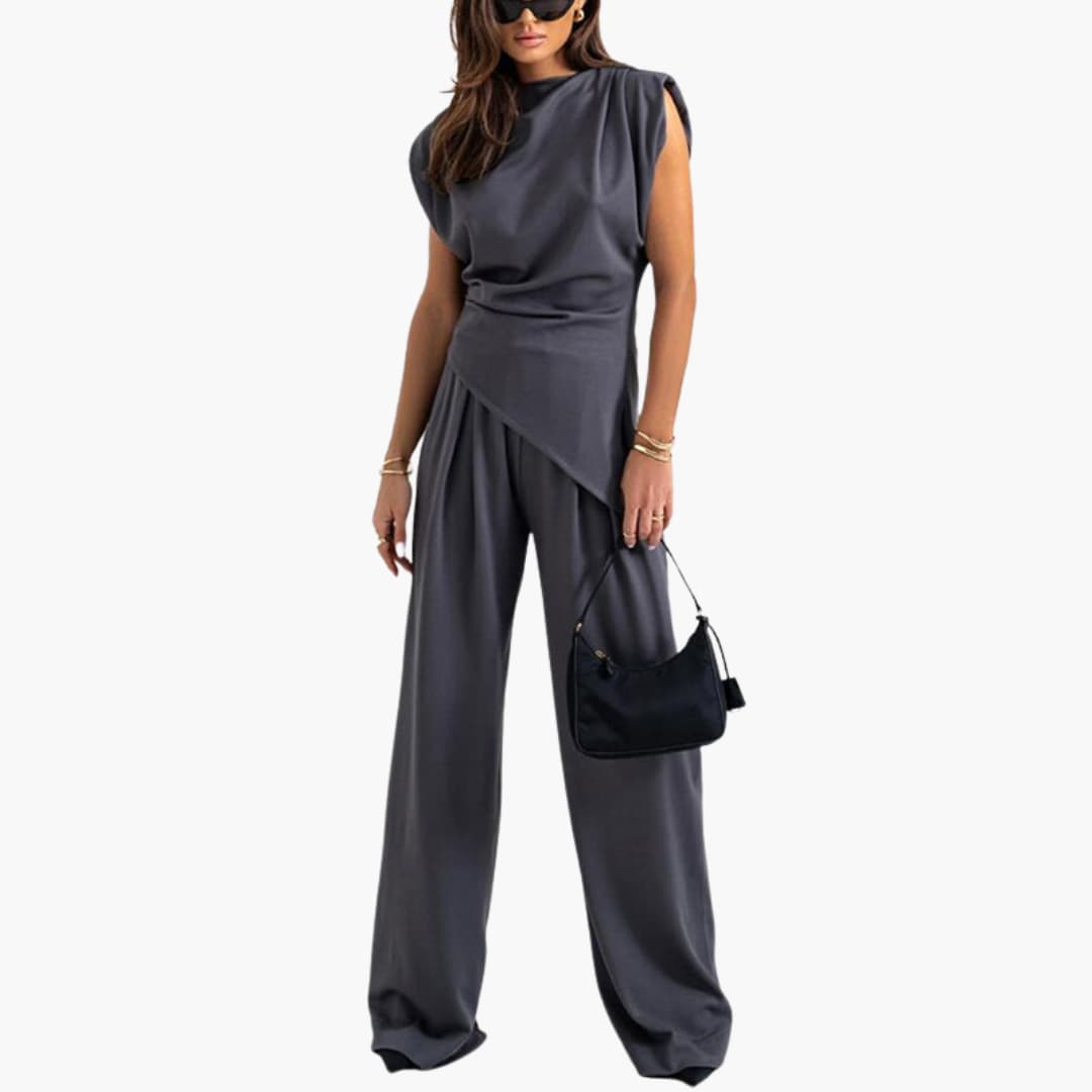 Chic tvådelat set för dam med draperad topp & vida byxor, ett måste för festkläder & mode.