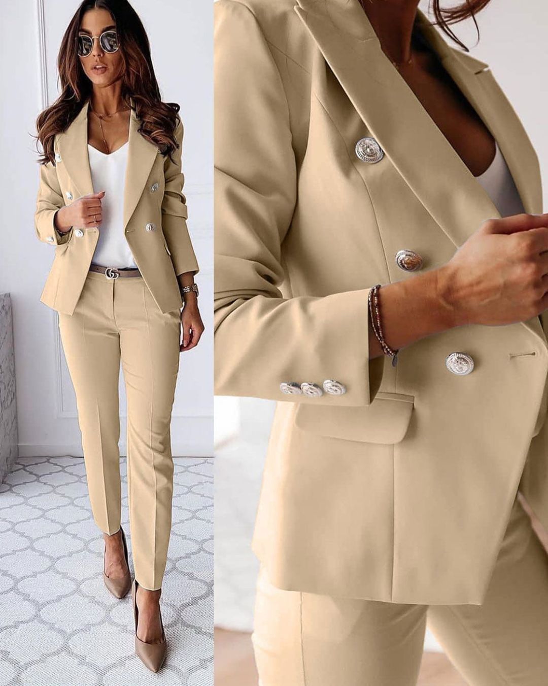 Stilren slim-fit blazer för dam, del av elegant tvådelat set. Perfekt för affärskläder.