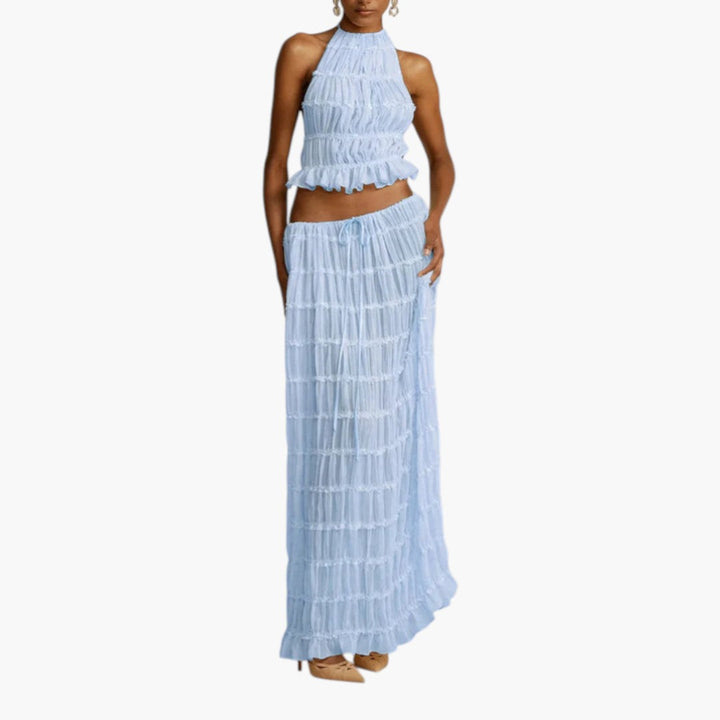 Trendigt damset: halternecktopp & lång elegant kjol. Tvådelat set för en mångsidig sommarstil.