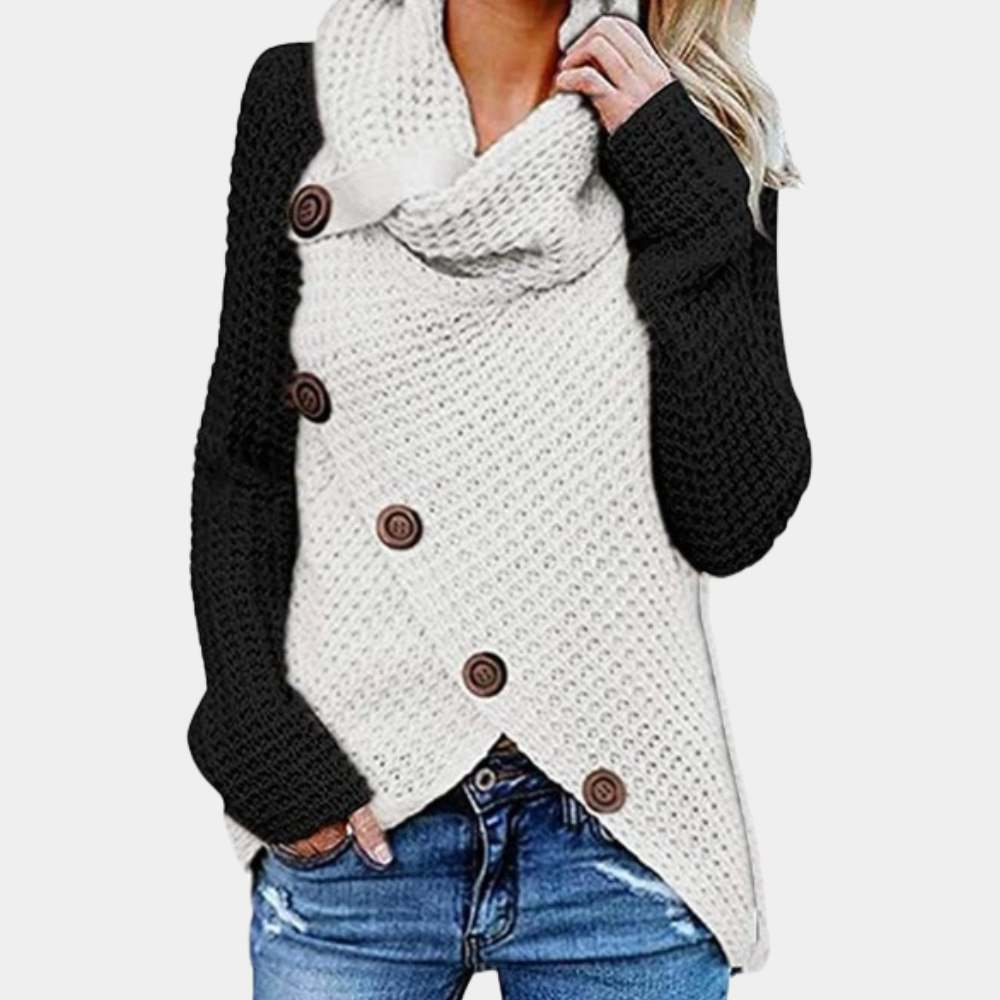 Elegant damtröja Faye i stickad pulloverstil med asymmetriska knappar. Perfekt höstmode för stilren vardag.