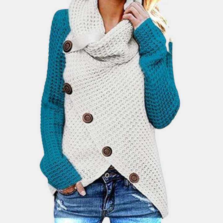 Stilren Faye damtröja, stickad pullover med asymmetrisk knapprad. En elegant del av höstens damkläder.