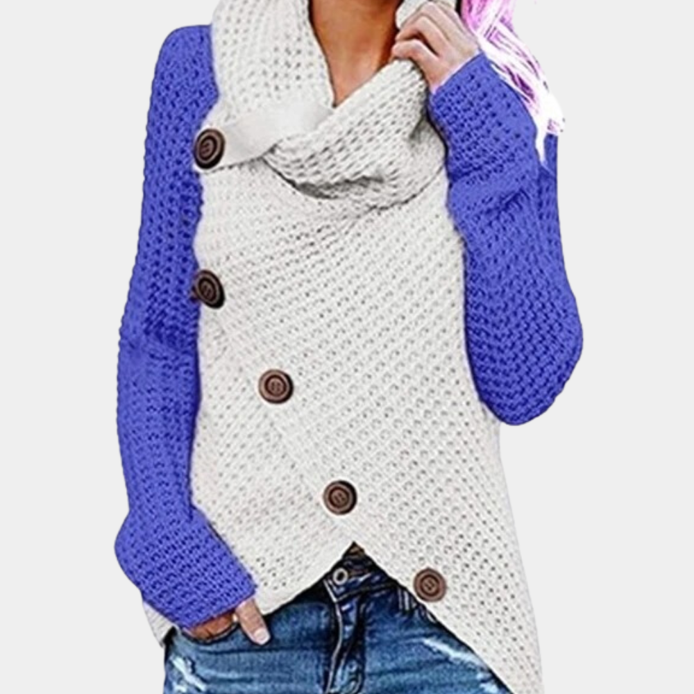 Faye höstutgåva: Modern damtröja med asymmetriska knappar. Bekväm stickad pullover för höst & vintermode.