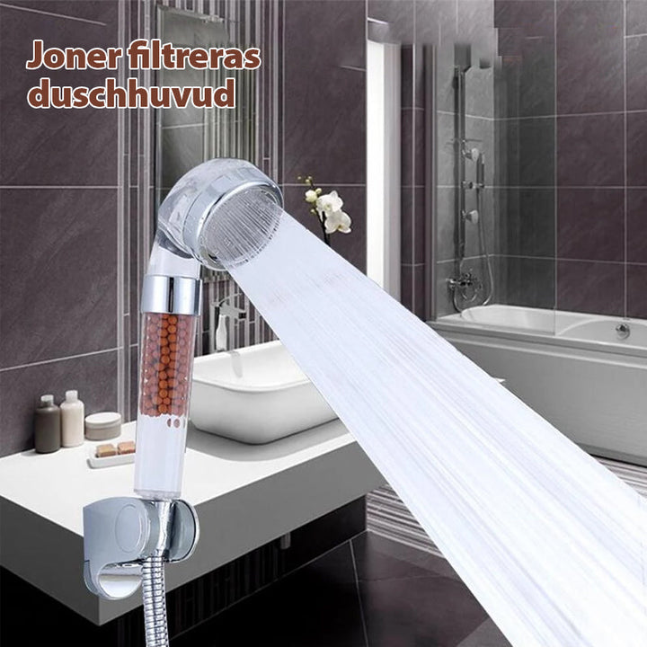 "Elegant duschmunstycke med bioaktiva stenar, tre spraylägen och miljövänlig design för spa-känsla i duschen."