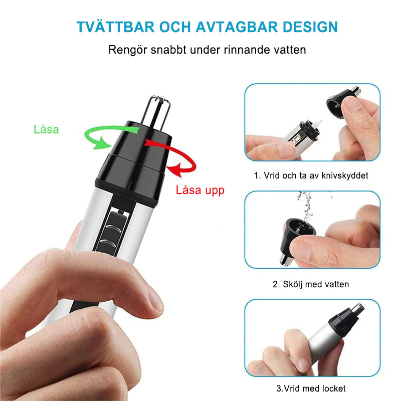 "Elegant elektrisk 4-i-1 näshårstrimmer i silver för män och kvinnor, modell avsedd för effektiv personlig vård."