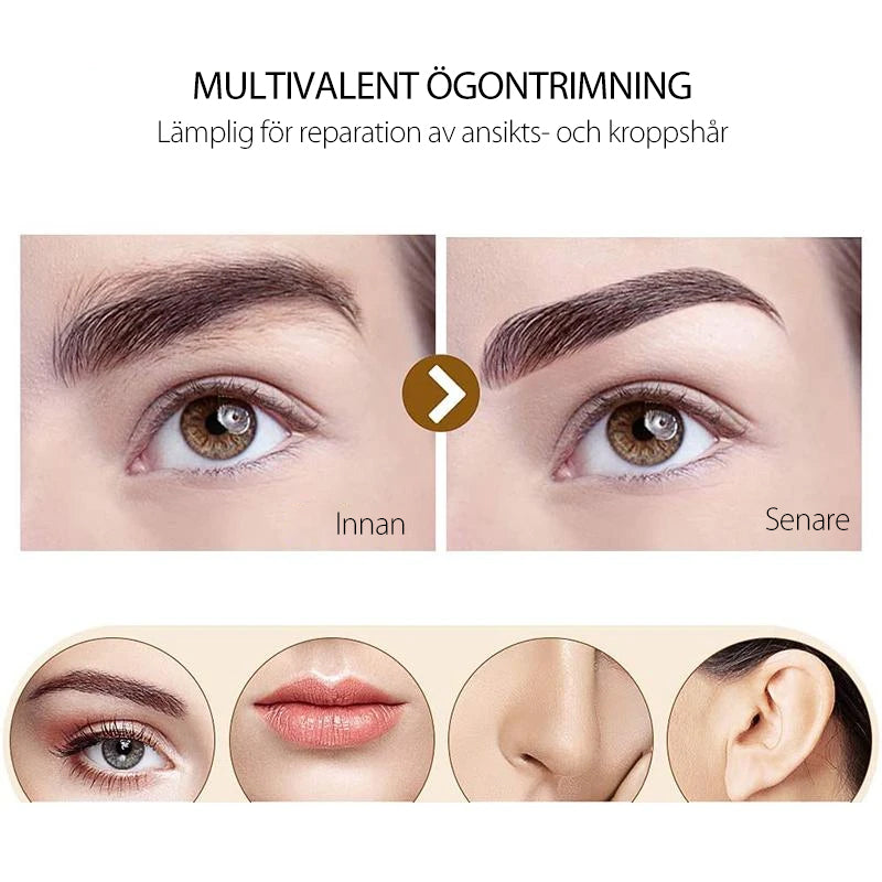 Elegant elektrisk ögonbrynsformare i roséguld och vit, kompakt design med inbyggt ljus för precisionsfixering