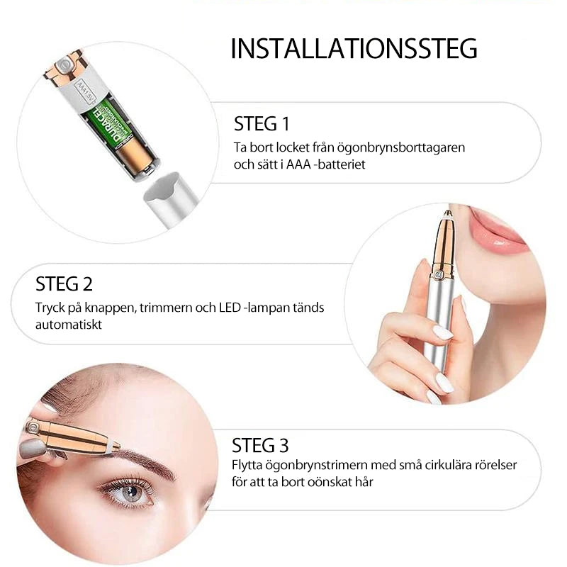 Elegant elektrisk ögonbrynsformare i roséguld och vit, kompakt design med inbyggt ljus för precisionsfixering