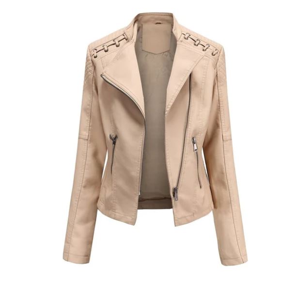 Trendig damjacka i bikerstil, vintage design som är både kvinnlig och modern.